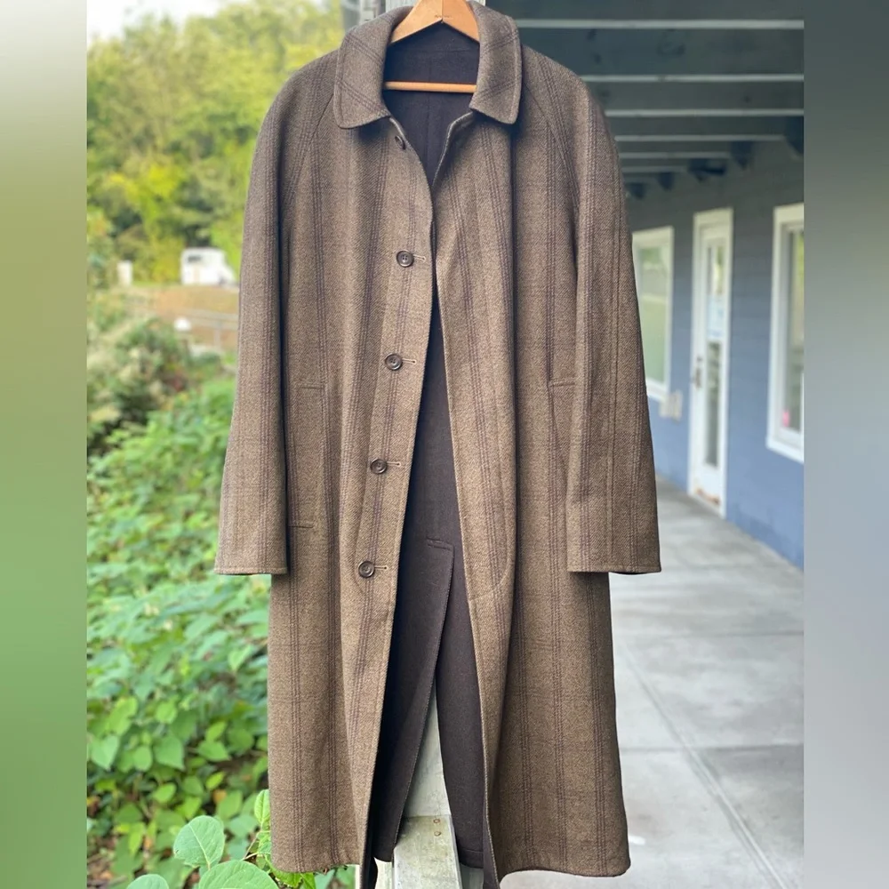 Chrysalis England Reversible Tweed Melton Wool Green Brown Check Overcoat 40 - Picture 5 of 14
